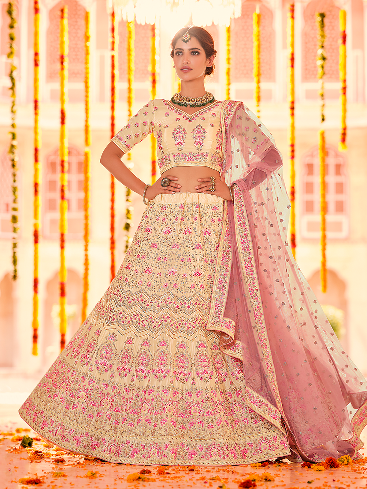 Beige Embroidered Crepe Semi Stitched Lehenga With Unstitched Blouse