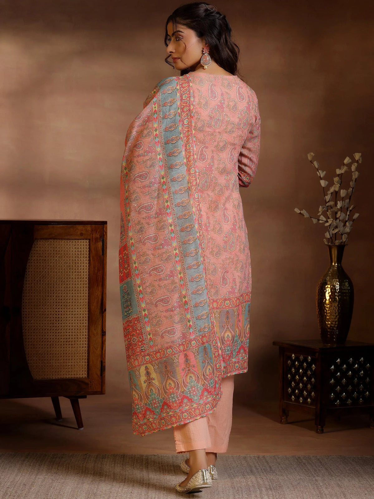Anouk Peach Printed Cotton Blend Straight Suit With Dupatta