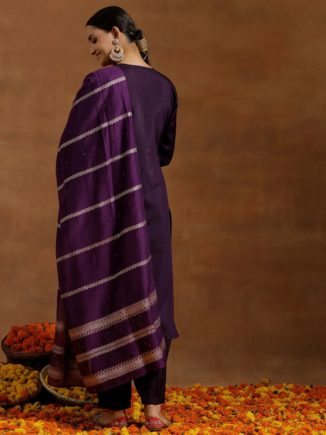 Anouk Purple Yoke Design Silk Blend Straight Suit With Dupatta