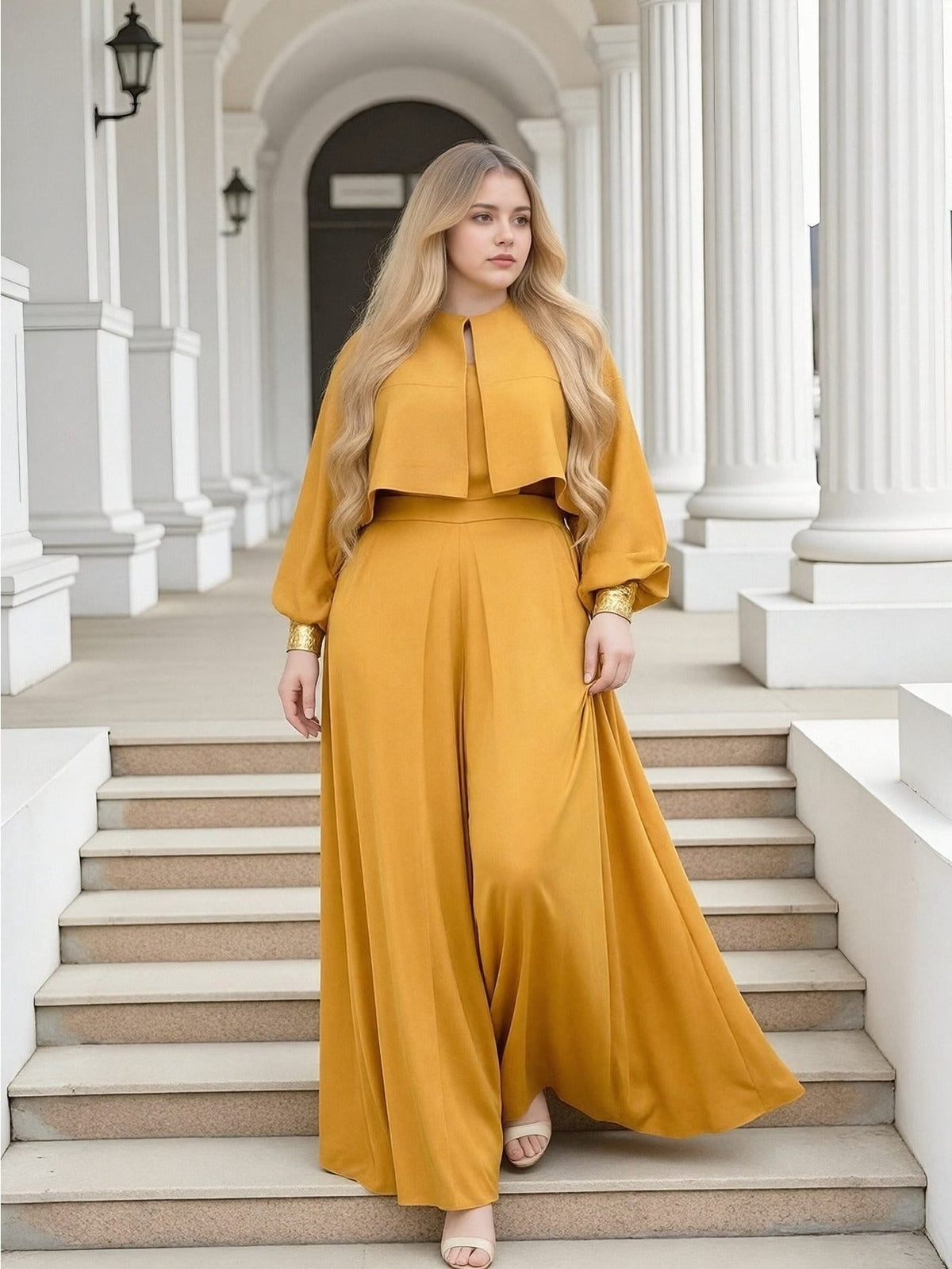 Plus Size Elegant Lantern Sleeve Top & Wide-Leg Pants Set – Chic Two-Piece Suit for Women