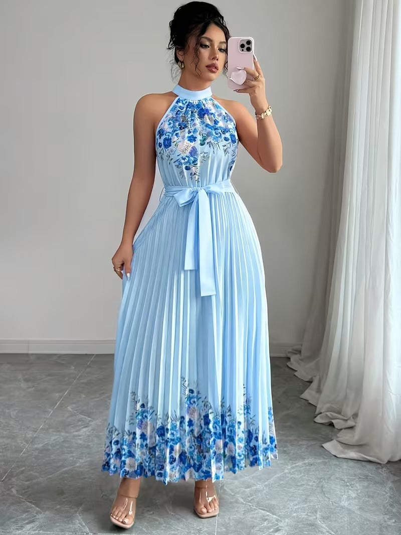 Elegant Floral Halter Neck Pleated Dress – Stylish & Comfortable Summer Outfit for Women
