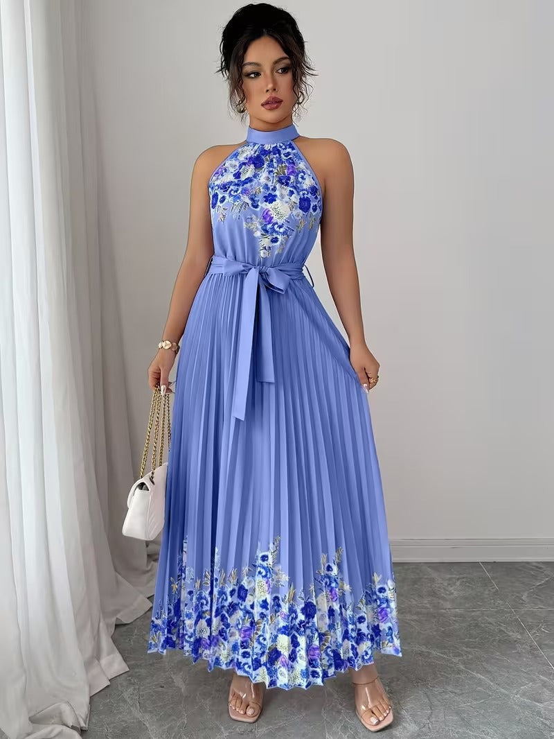 Elegant Floral Halter Neck Pleated Dress – Stylish & Comfortable Summer Outfit for Women