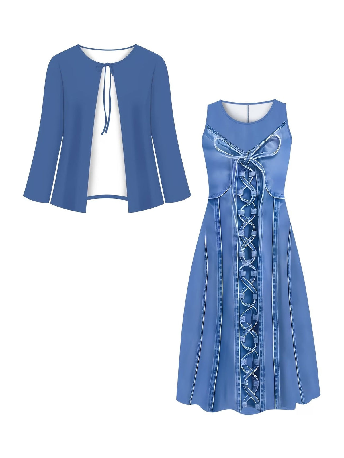 Elegant Layered Two-Piece Midi Dress Set with Tie-Front Cardigan – Flowy Printed Everyday & Occasion Wear