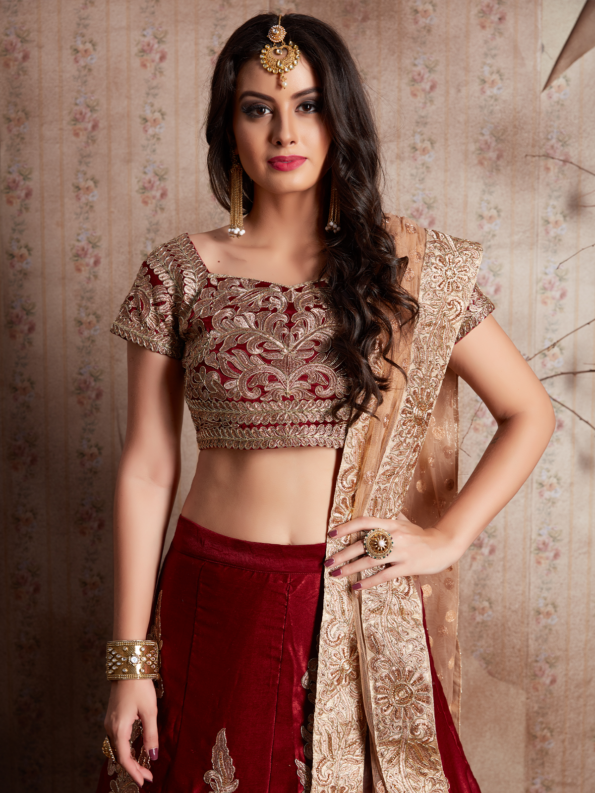 Maroon Embroidered Semi Stitched Lehenga With Unstitched Blouse