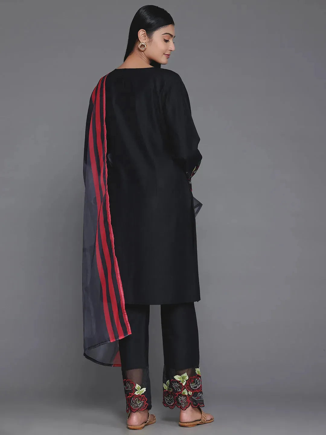 Anouk Black Solid Silk Blend Straight Suit With Dupatta