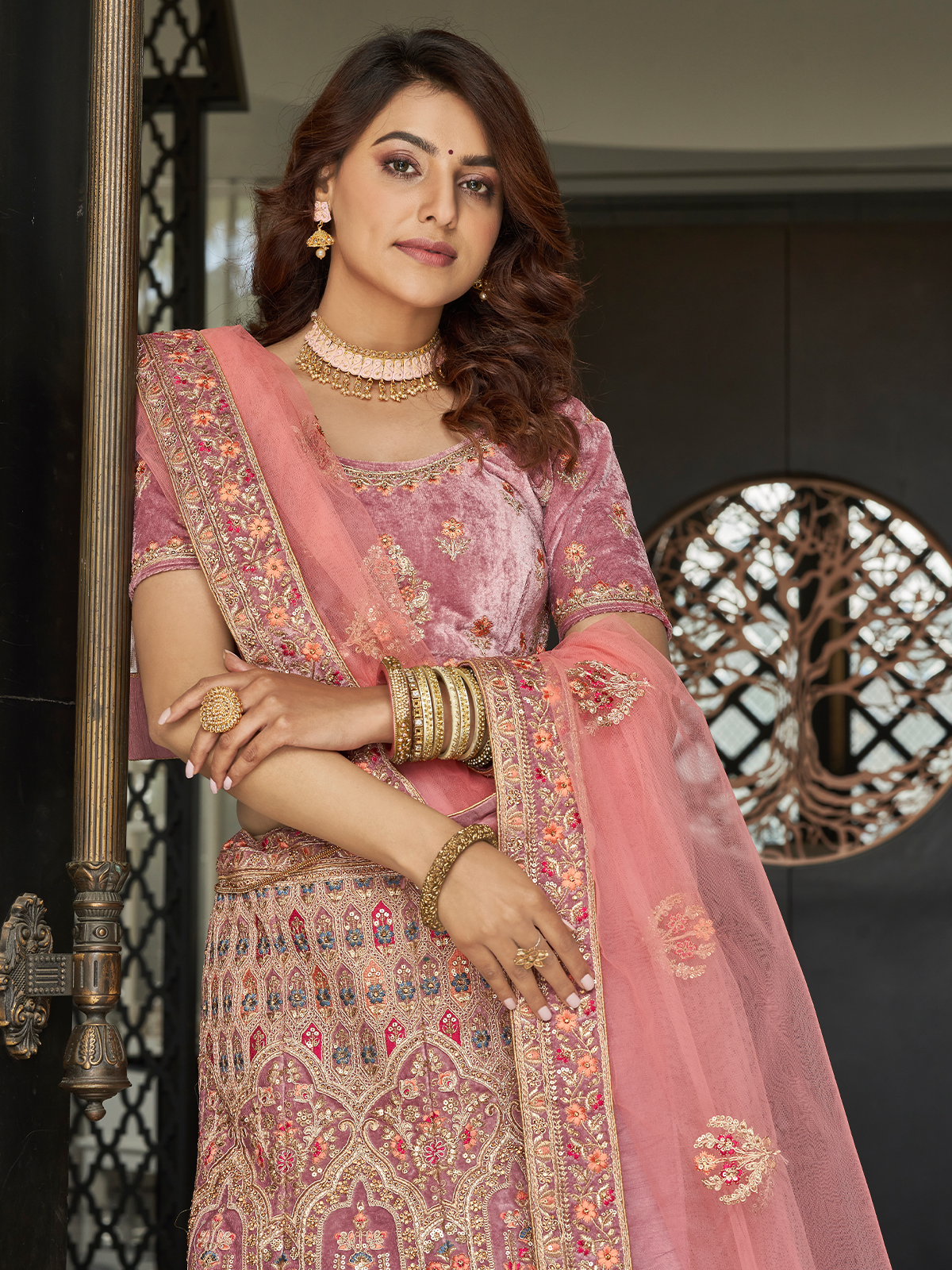 Lilac Velvet Semi Stitched Lehenga With Unstitched Blouse