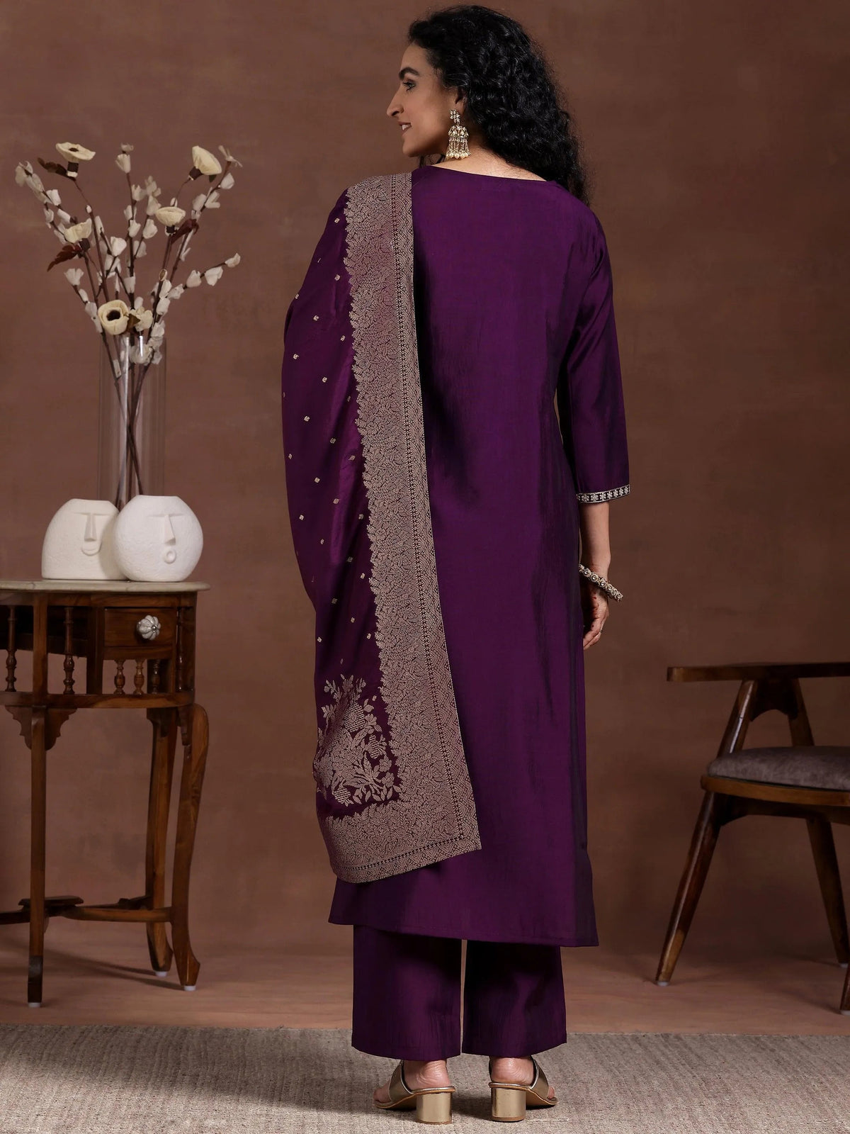 Anouk Wine Yoke Design Silk Blend Straight Suit With Dupatta