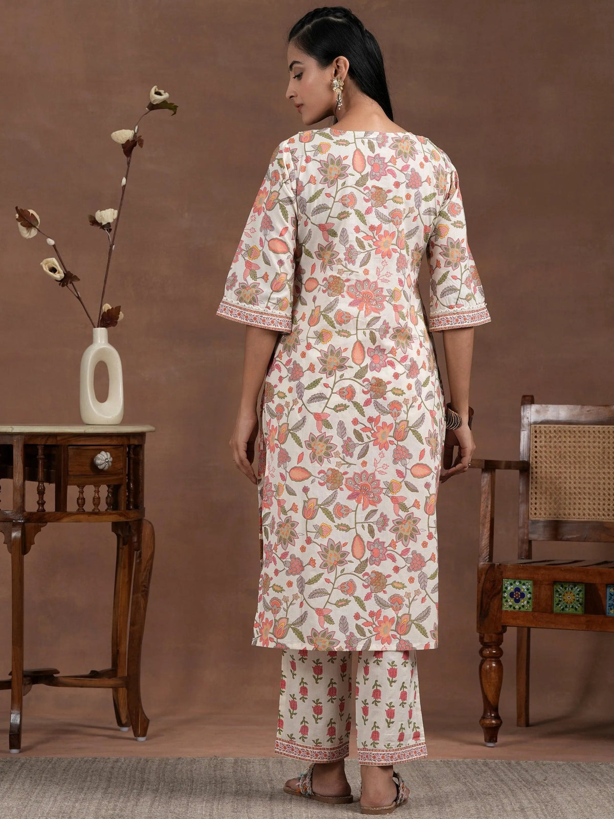 Anouk Off White Printed Cotton Straight Kurta Set