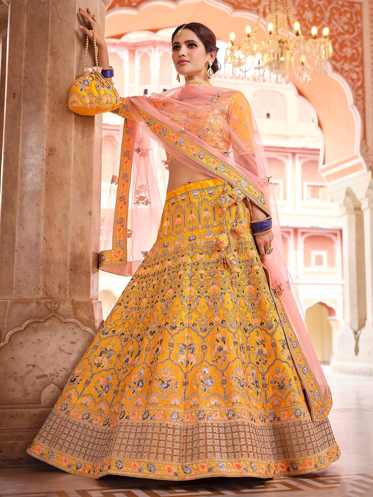 Mustard Swarovski Embroidered Crepe Semi Stitched Lehenga With Unstitched Blouse