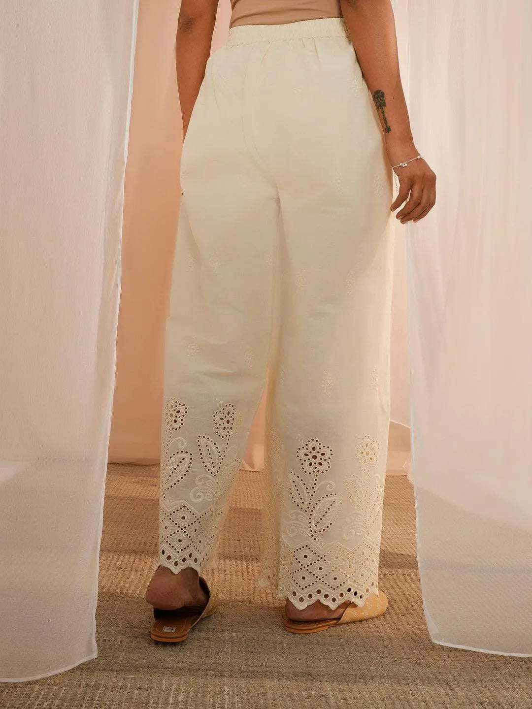 Anouk Off White Embroidered Cotton Wide Leg Palazzos