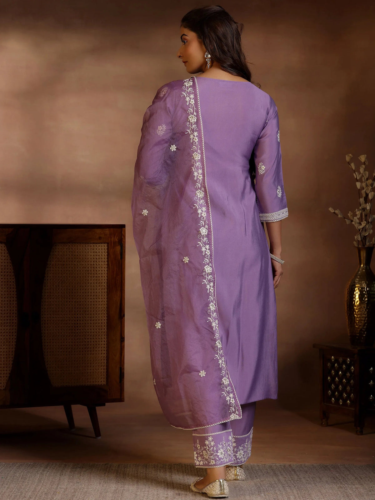 Anouk Mauve Embroidered Silk Blend Straight Suit With Dupatta