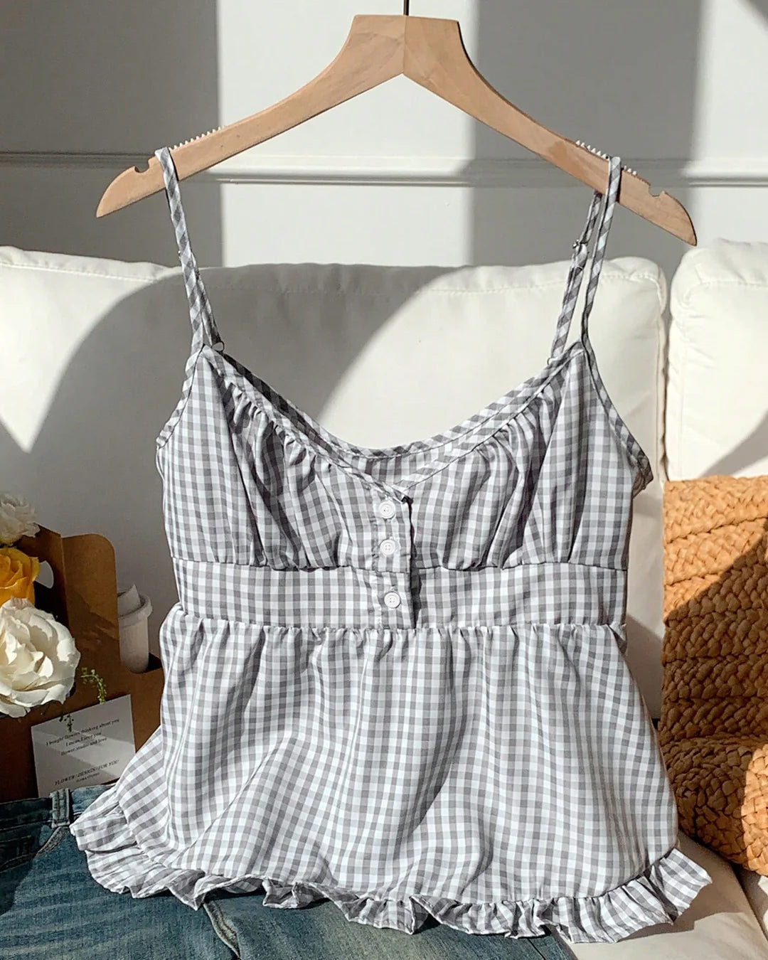 Ruffle Hem Gingham Cami Top in Ash Grey