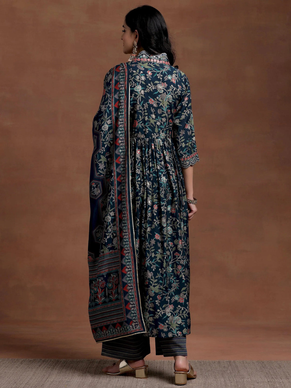 Anouk Blue Printed Silk Blend A-Line Kurta With Palazzos & Dupatta