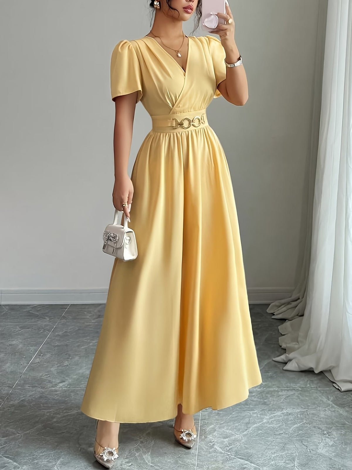Elegant Waist Button Detail Dress – Chic Casual Everyday Outfit for Women