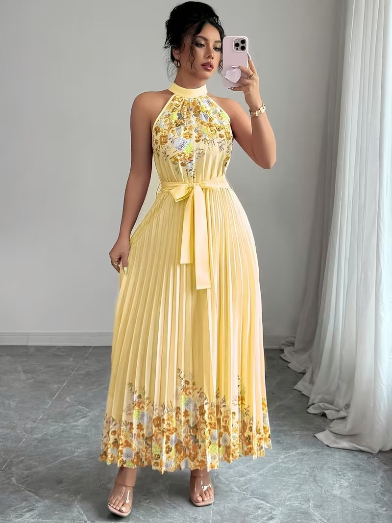 Elegant Floral Halter Neck Pleated Dress – Stylish & Comfortable Summer Outfit for Women
