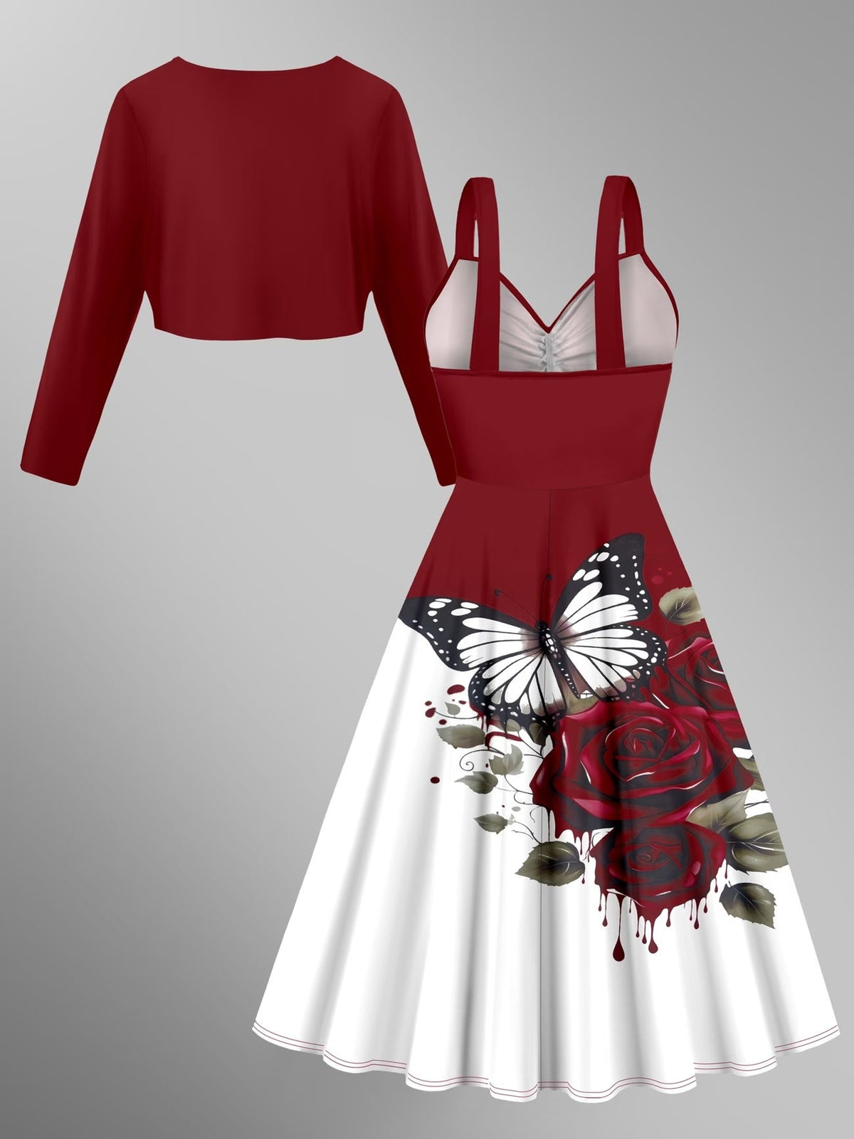 Women’s Elegant Printed Dress with Solid Cardigan – Stylish 2 Piece Set