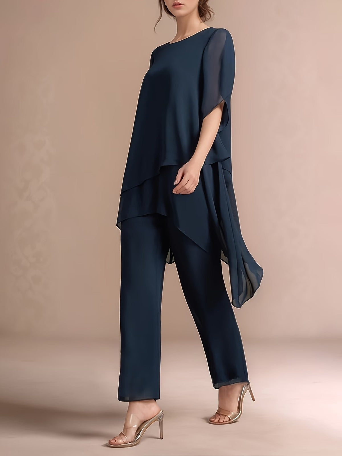 Women'S Chiffon Short Sleeve 2pcs Set Solid Color Irregular Elegant Party Fashion Suit