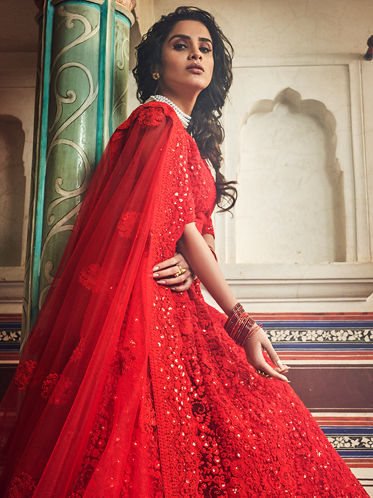 Red Embroidered Soft Net Semi Stitched Lehenga With Unstitched Blouse