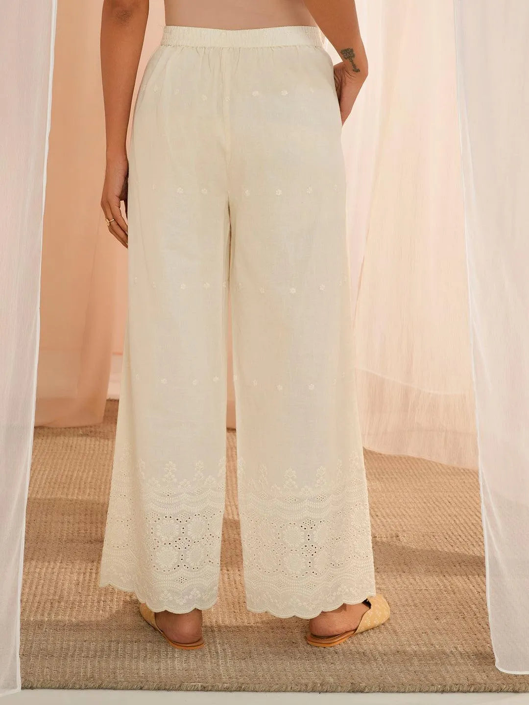 Anouk Off White Embroidered Cotton Wide Leg Palazzos