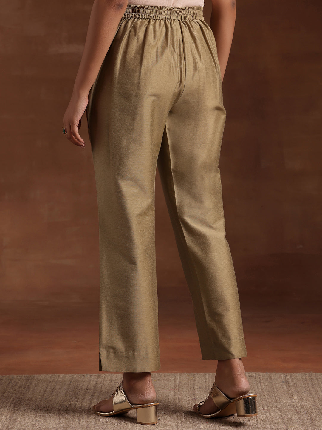 Anouk Gold Solid Silk Trousers