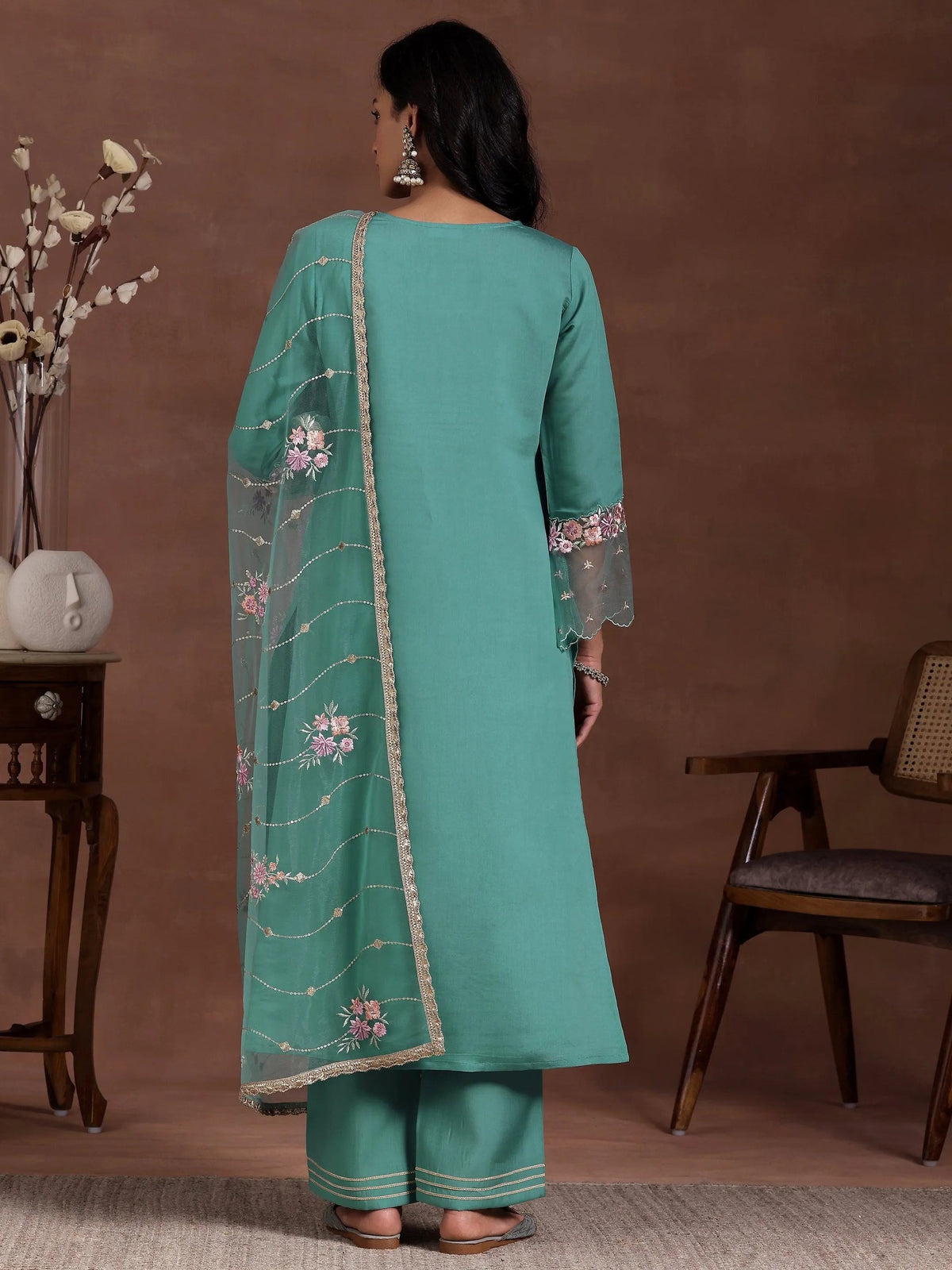 Anouk Green Yoke Design Silk Blend Straight Suit With Dupatta