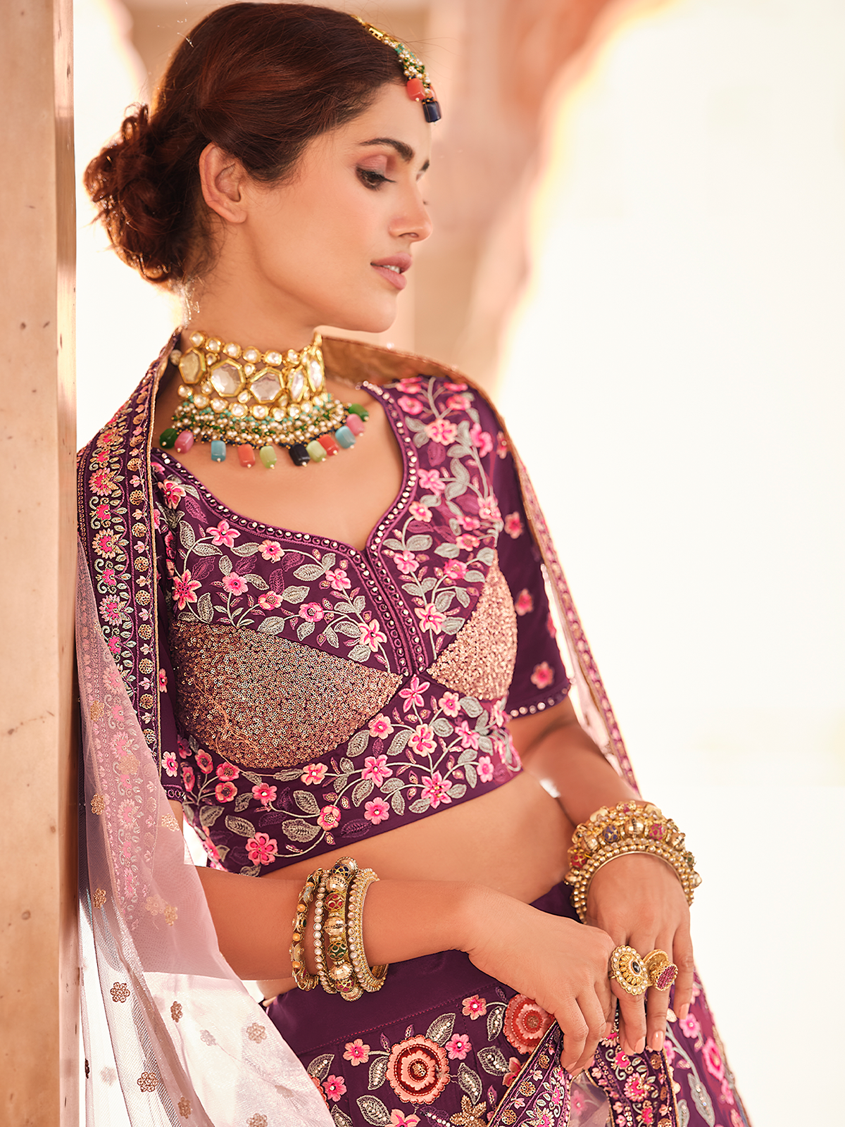 Purple Crepe Semi Stitched Lehenga With Unstitched Blouse