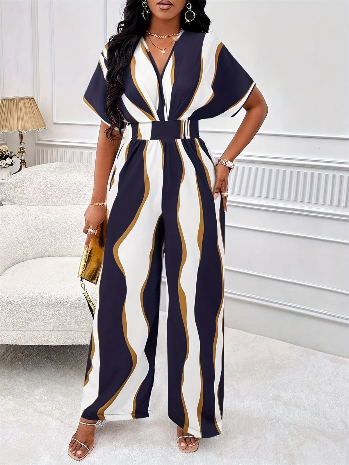 Women’s Color Block V-Neck Jumpsuit – Elegant Short Sleeve Wide-Leg One-Piece Outfit with Comfortable Waist Fit for Spring & Summer