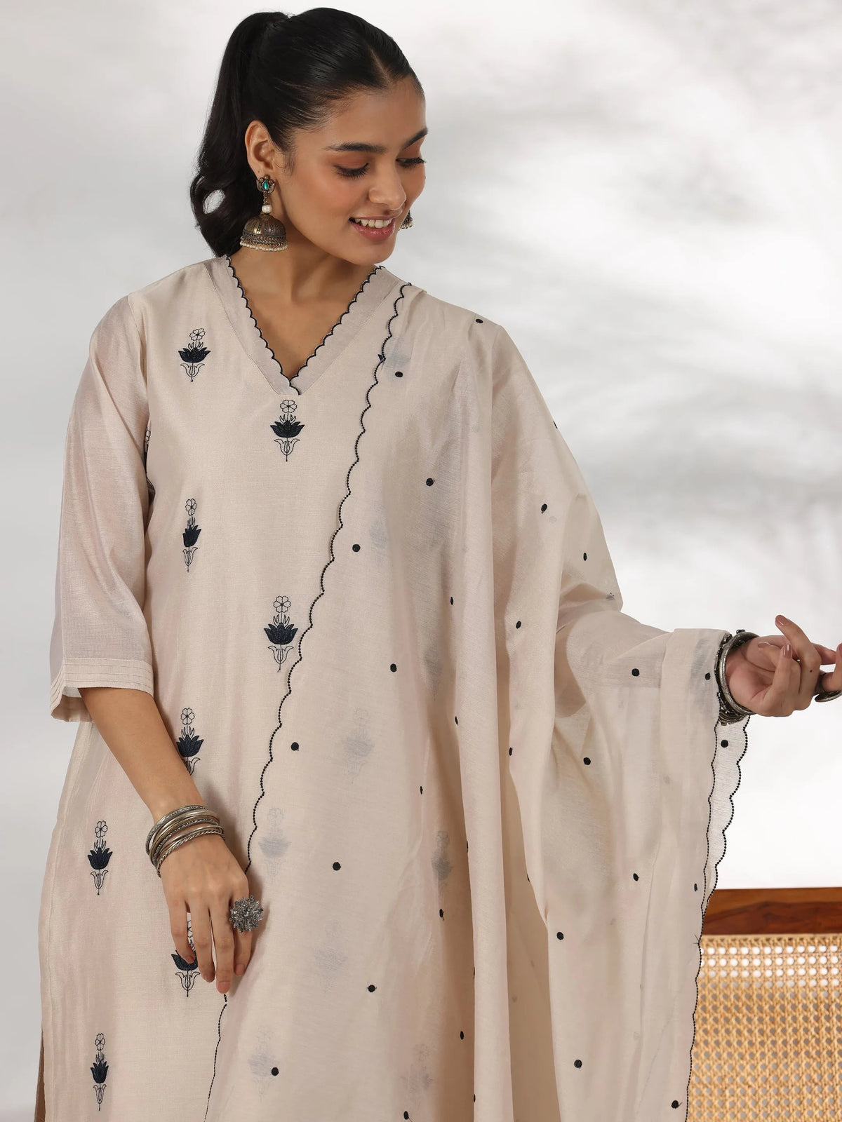 Anouk Beige Embroidered Chanderi Silk Straight Suit With Dupatta