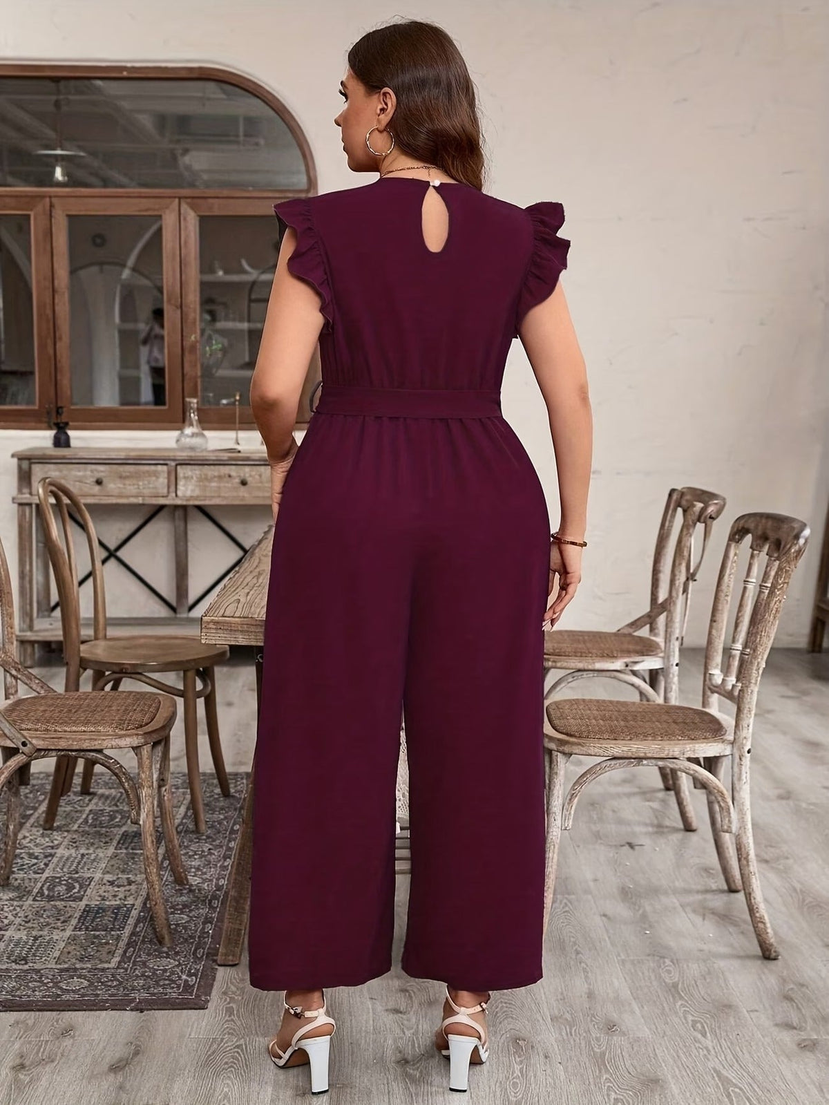 Elegant Ruffle V-Neck Belted Bodysuit – Solid Color Chic Women’s Top