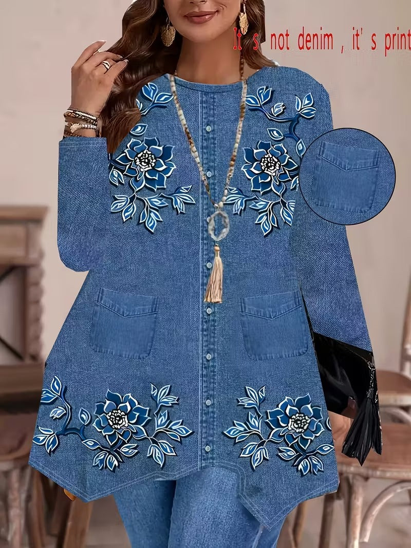 Women’s Plus Size Printed Long Sleeve Top & Stretchy Pants Set – Imitation Denim Look