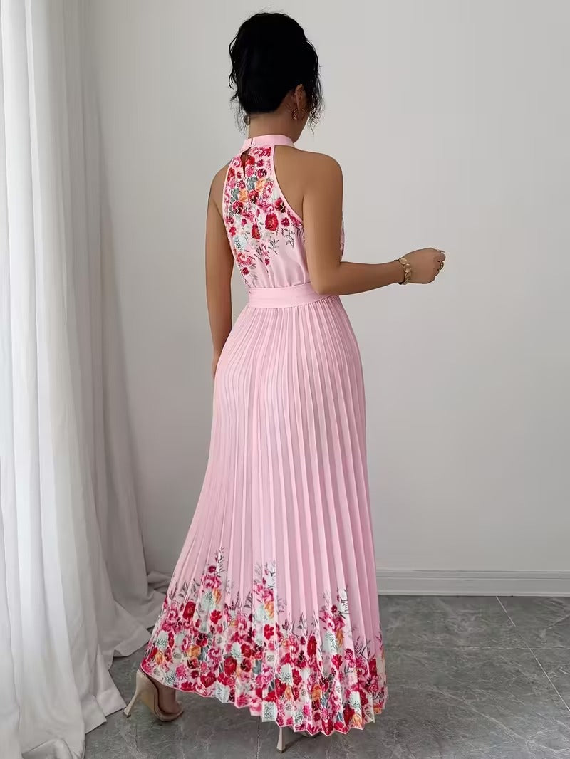 Elegant Floral Halter Neck Pleated Dress – Stylish & Comfortable Summer Outfit for Women