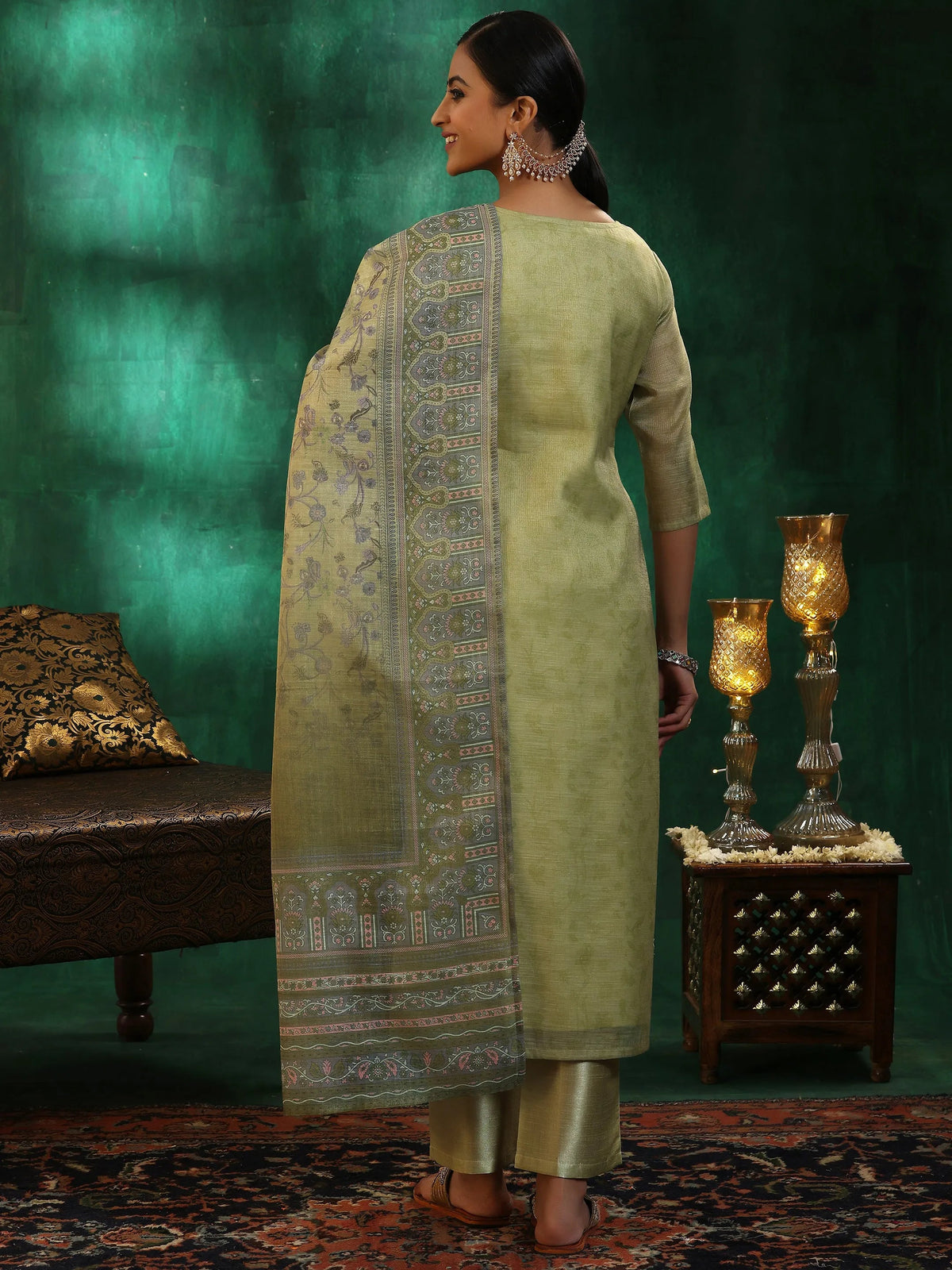 Anouk Green Yoke Design Silk Blend Straight Suit With Dupatta