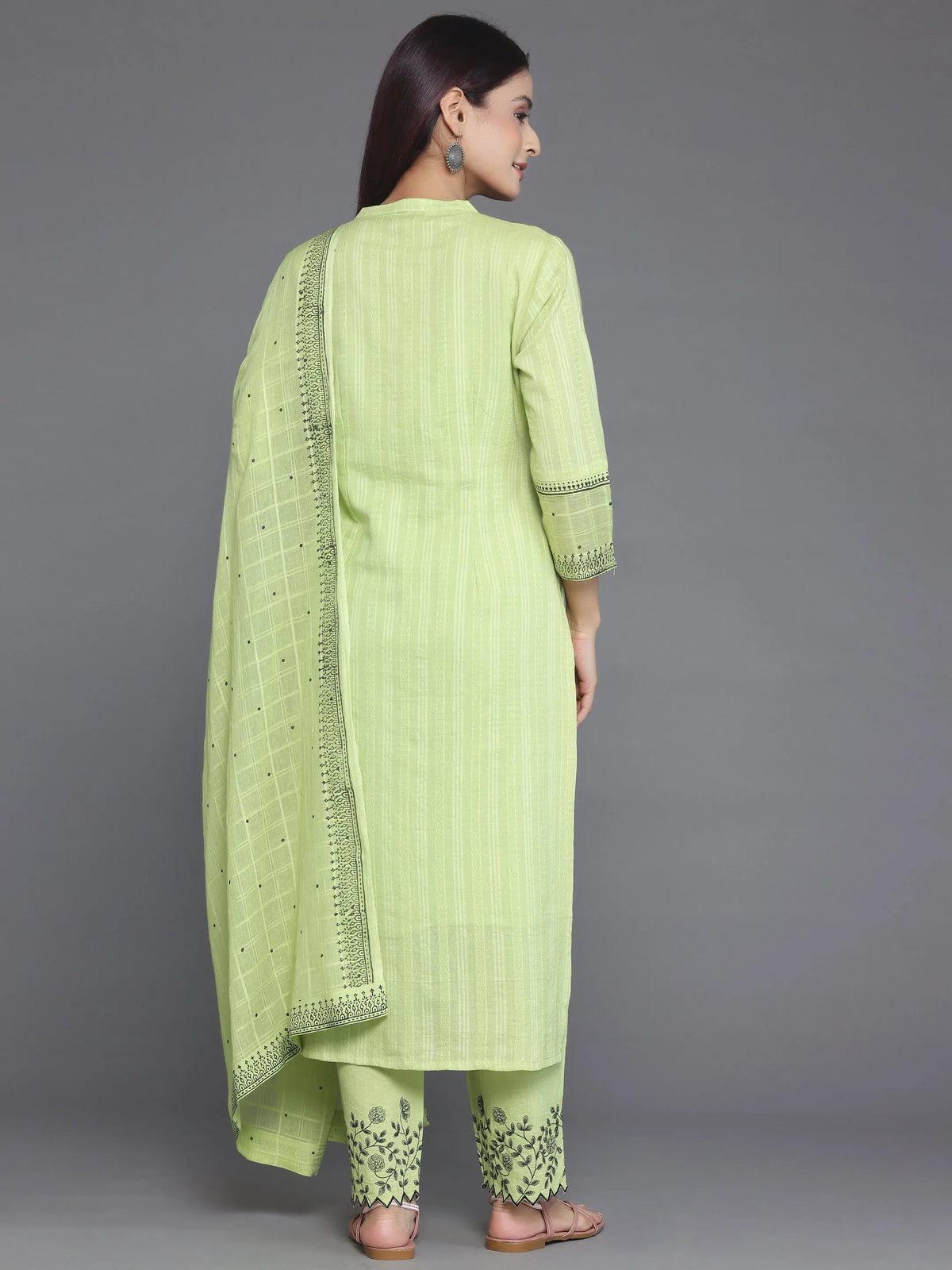 Anouk Green Woven Design Cotton Straight Suit With Dupatta