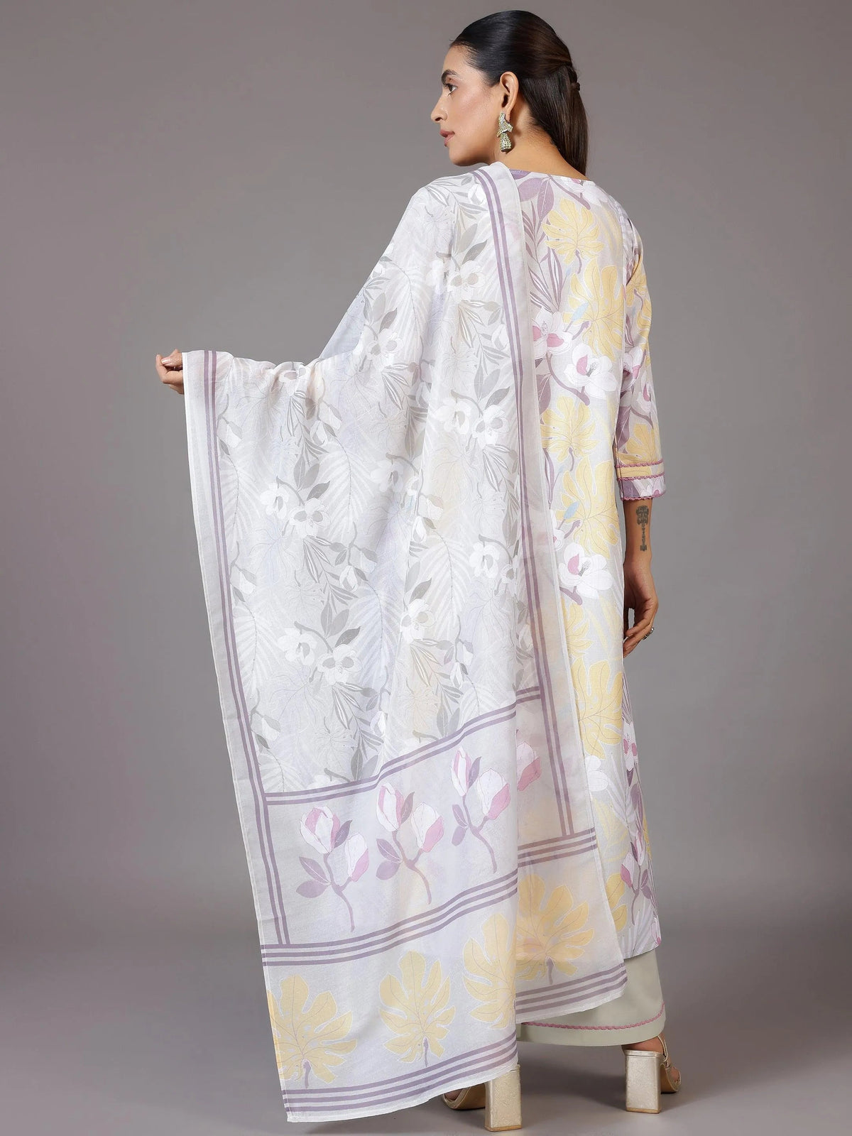 Anouk Grey Printed Cotton Blend A-Line Kurta With Palazzos & Dupatta