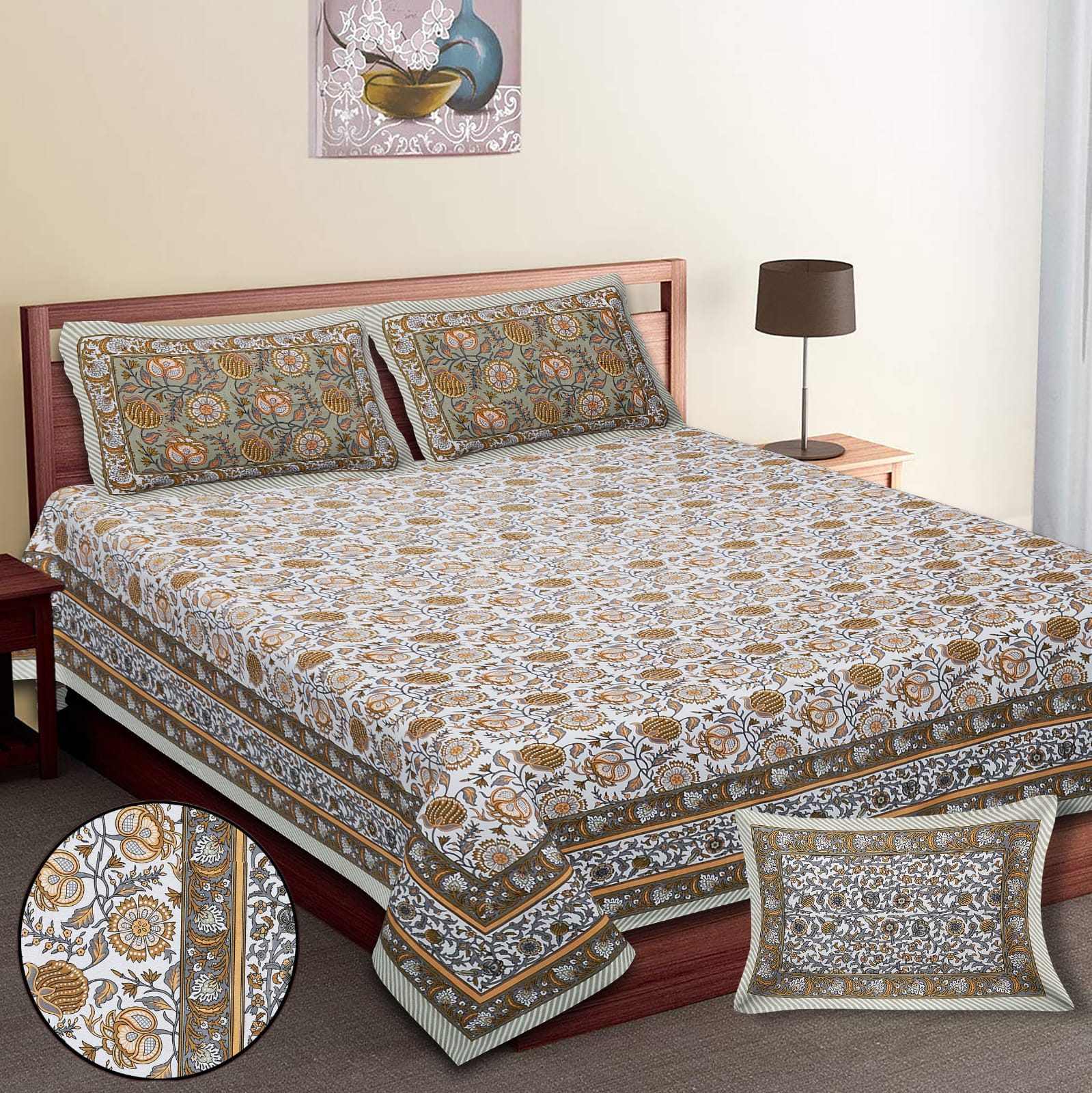 King-Size Bed Sheet Set with 2 Pillow Covers (Cotton Autoloom Fabric)