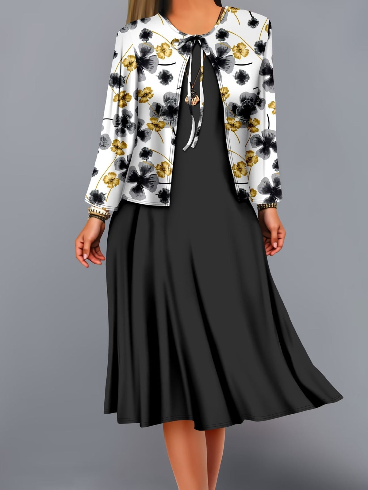 Elegant Solid Color Cardigan with Printed Flared Skirt – Stylish Two-Piece Women’s Fashion Set