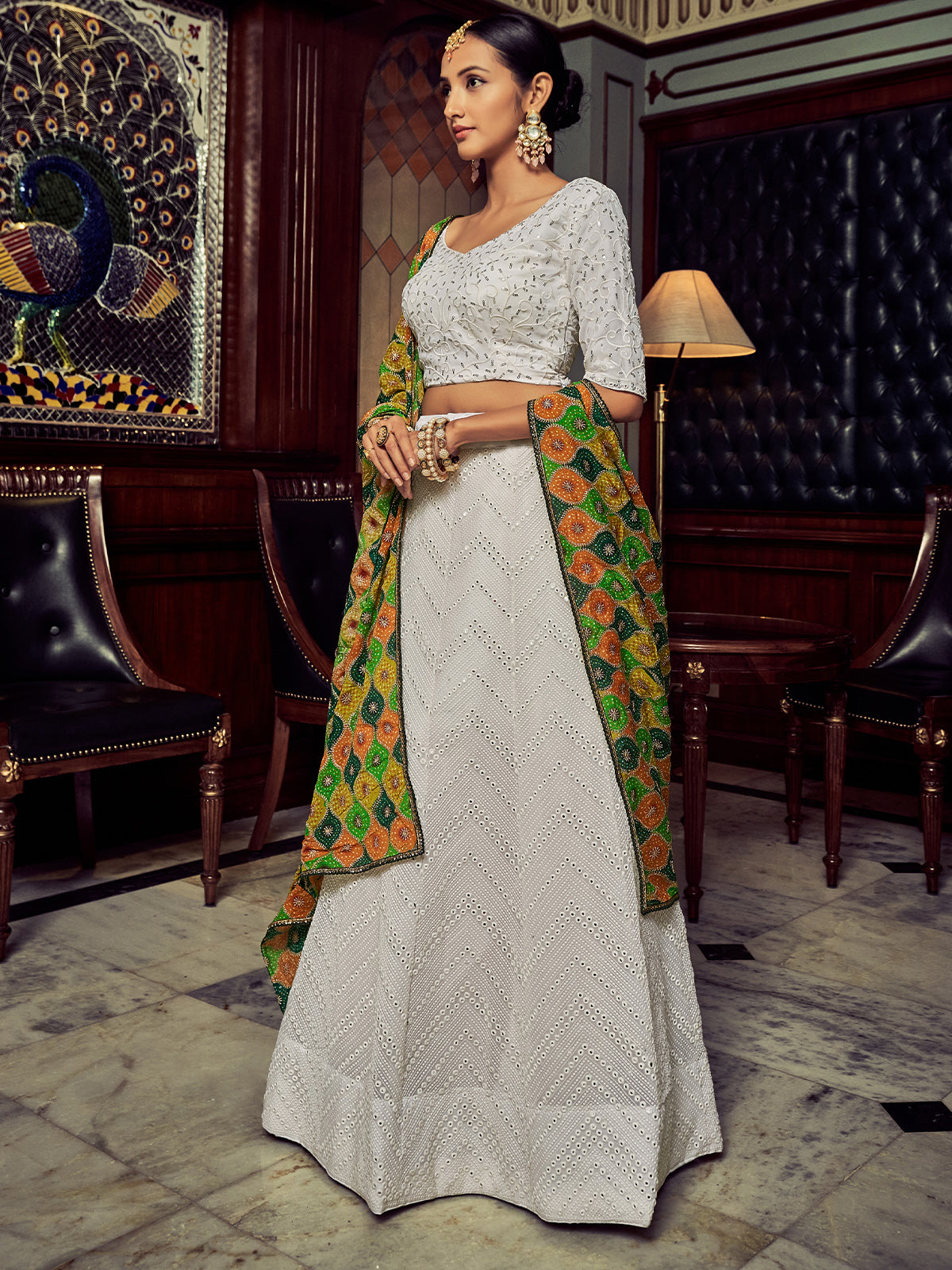 White Embroidered Georgette Semi Stitched Lehenga With Blouse Piece