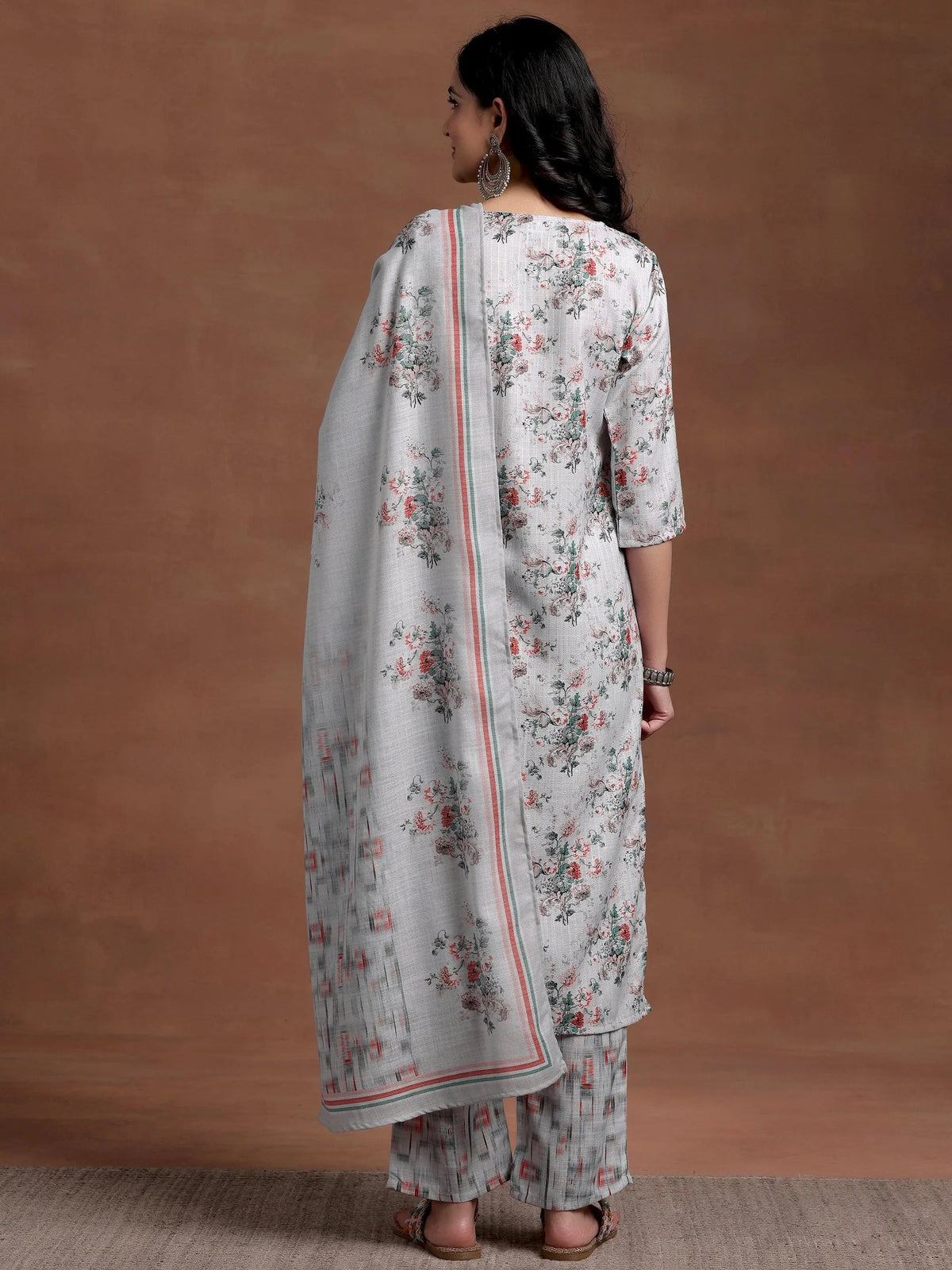 Anouk Grey Printed Cotton Straight Suit With Dupatta