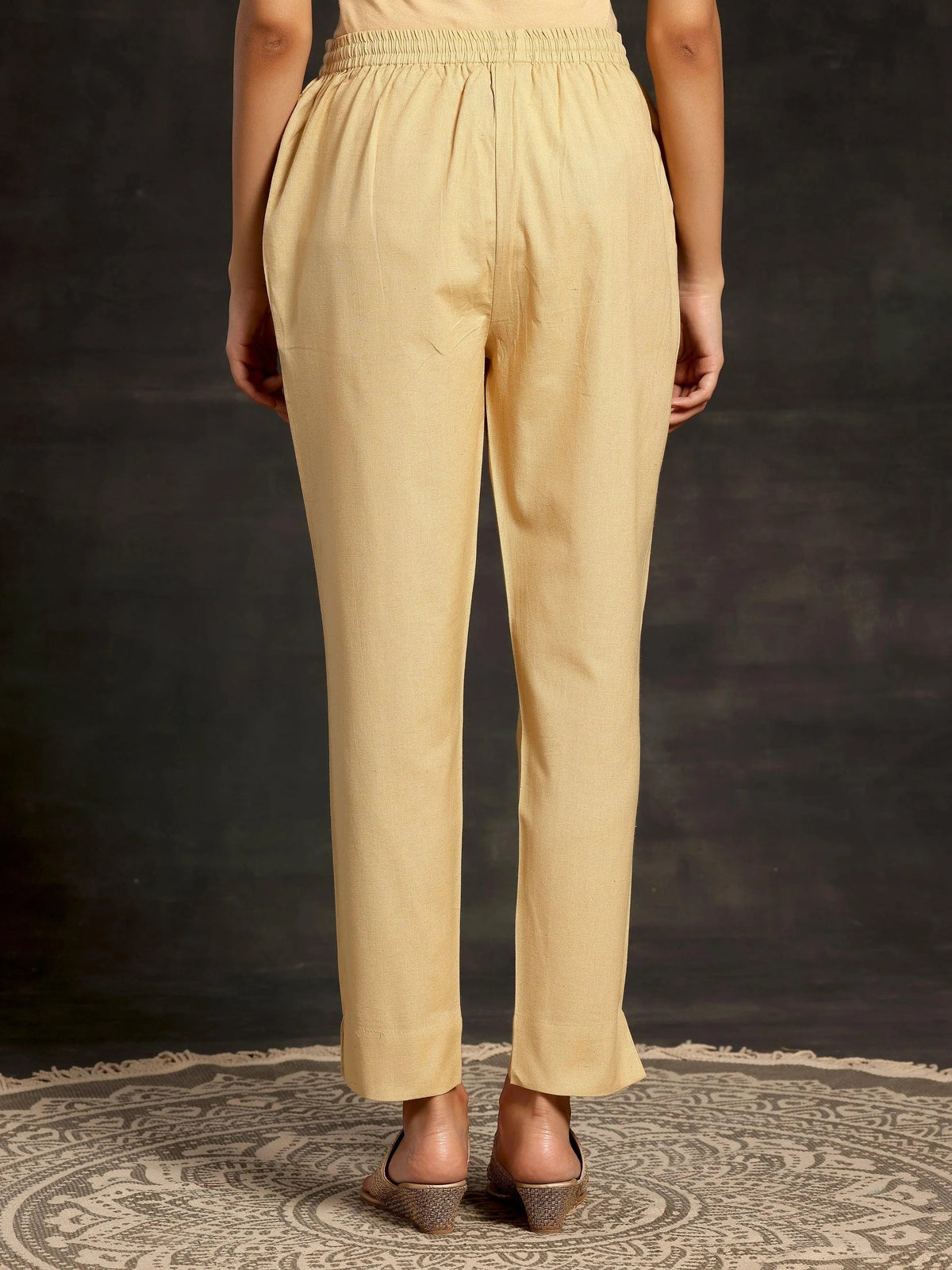 Anouk Cream Solid Cotton Straight Fit Trousers