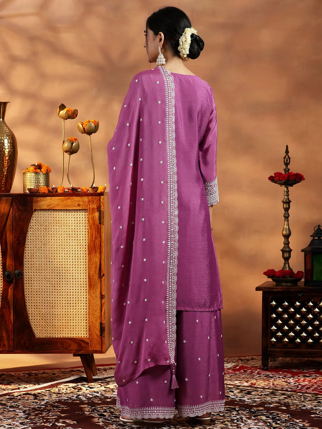 Anouk Mauve Embroidered Silk Blend Straight Suit With Dupatta