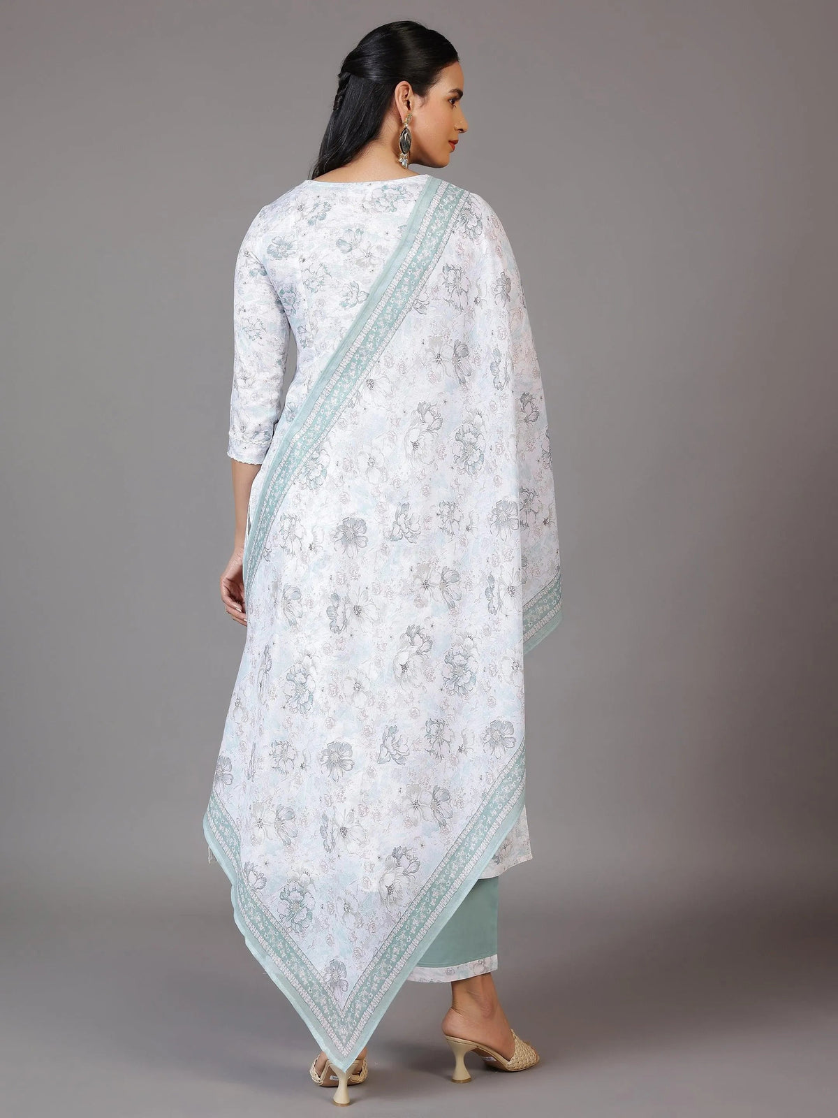 Anouk Off White Printed Cotton Blend A-Line Kurta With Palazzos & Dupatta