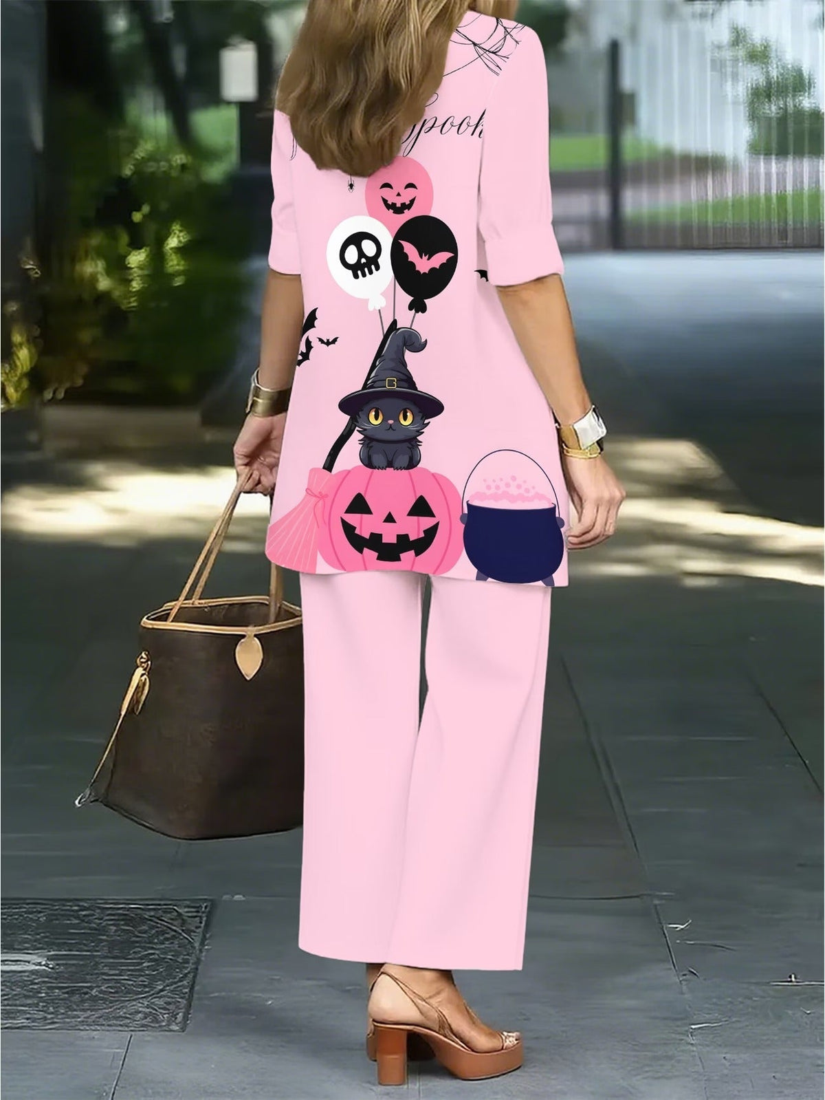 Plus-Size Halloween Printed 3-Piece Set – Fitted Camisole, Casual Pants & Stylish Outer Jacket for Women