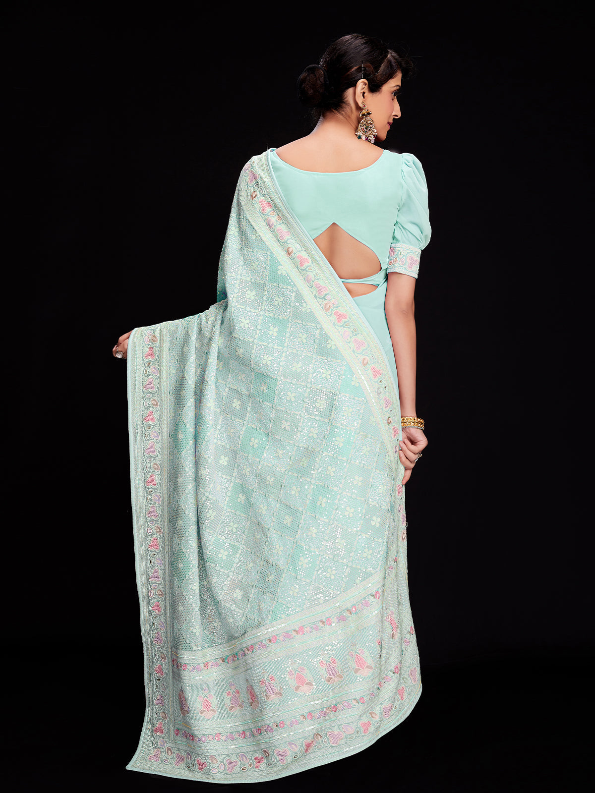 Light Blue Georgette Embellished Saree With Unstitched Blouse