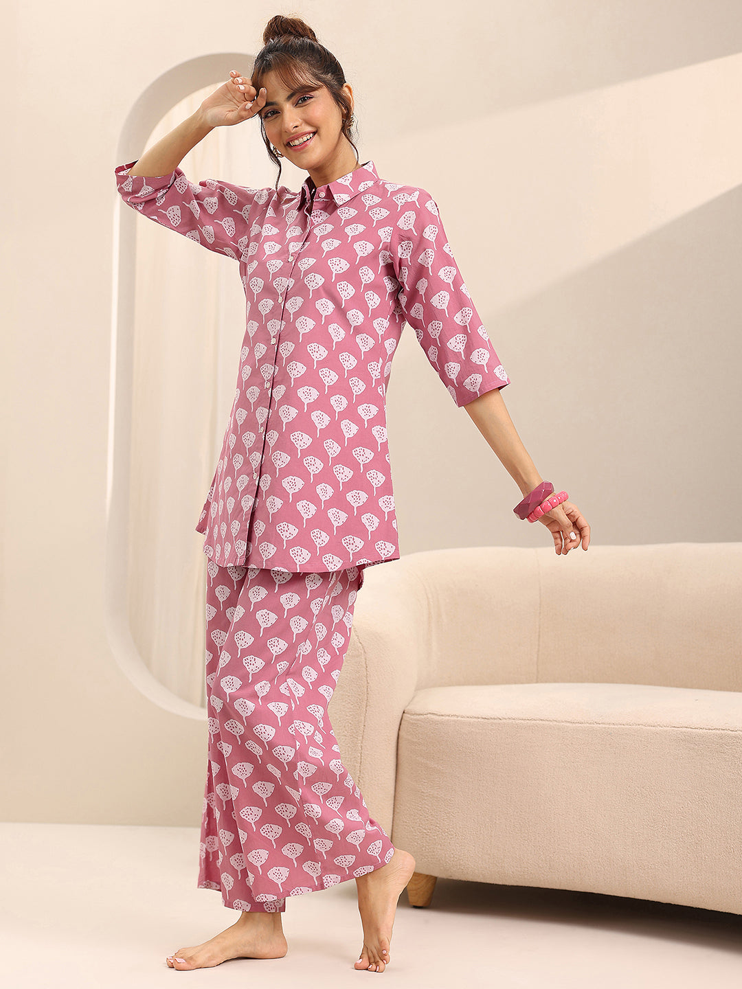 Anouk Pink Printed Cotton Night Suits
