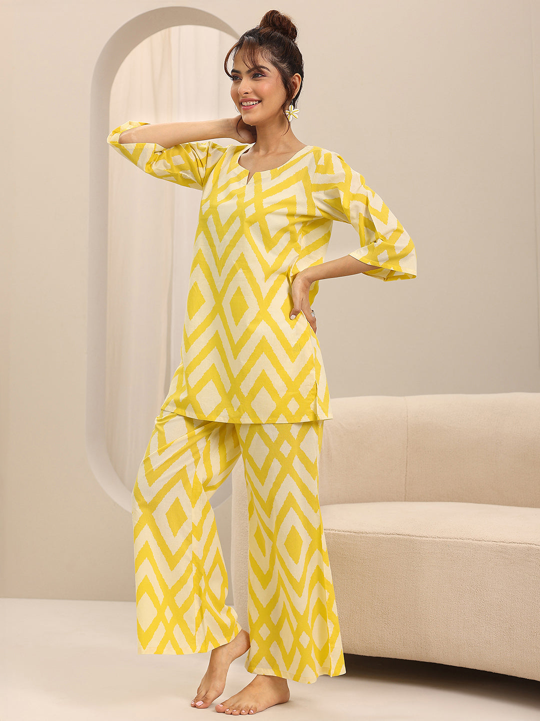 Anouk Yellow Printed Cotton Night Suits