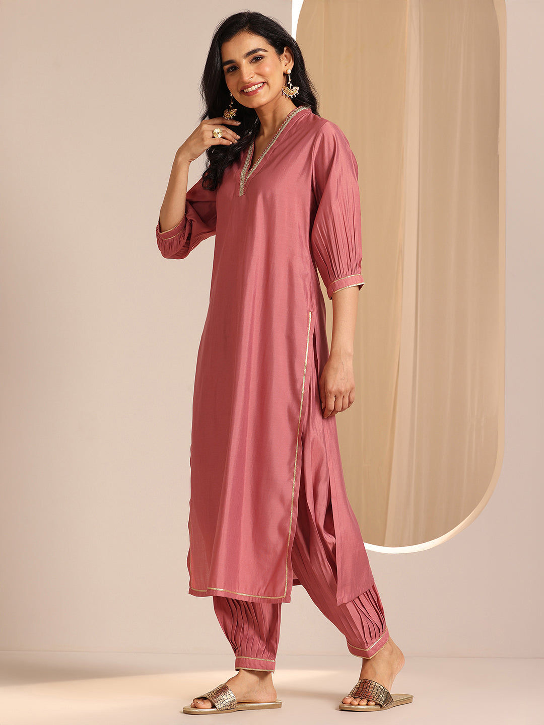 Anouk Peach Solid Silk Blend Straight Suit Set With Dupatta