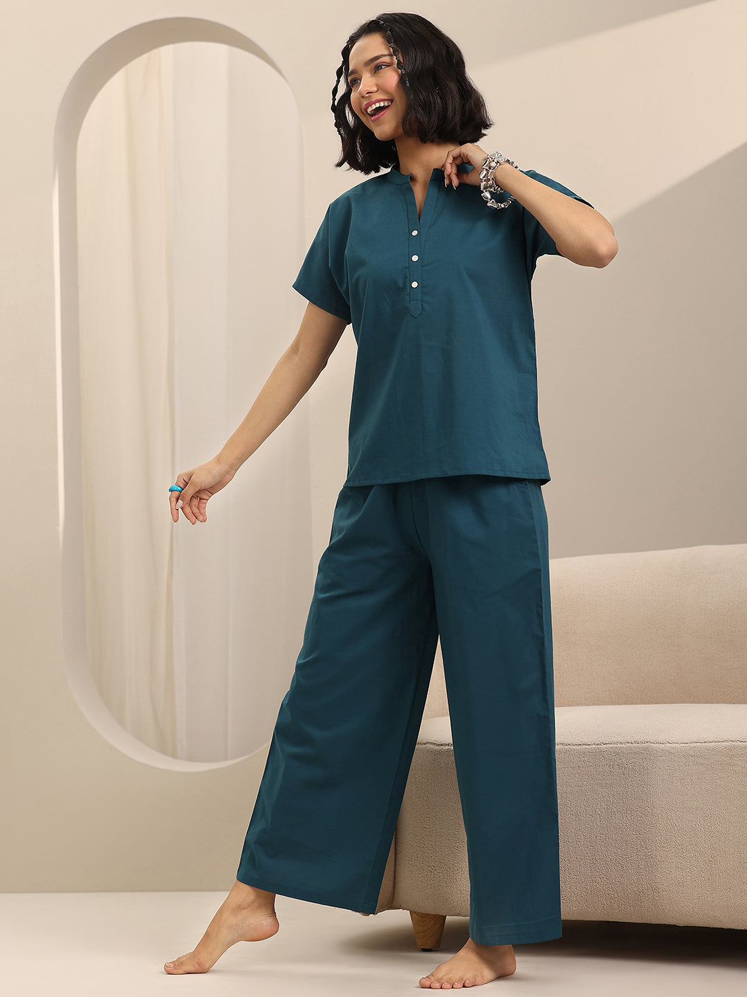 Anouk Teal Solid Cotton Night Suits
