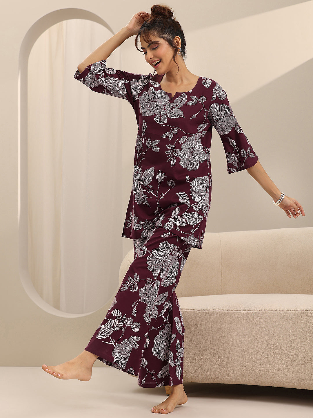 Anouk Burgundy Printed Cotton Night Suits