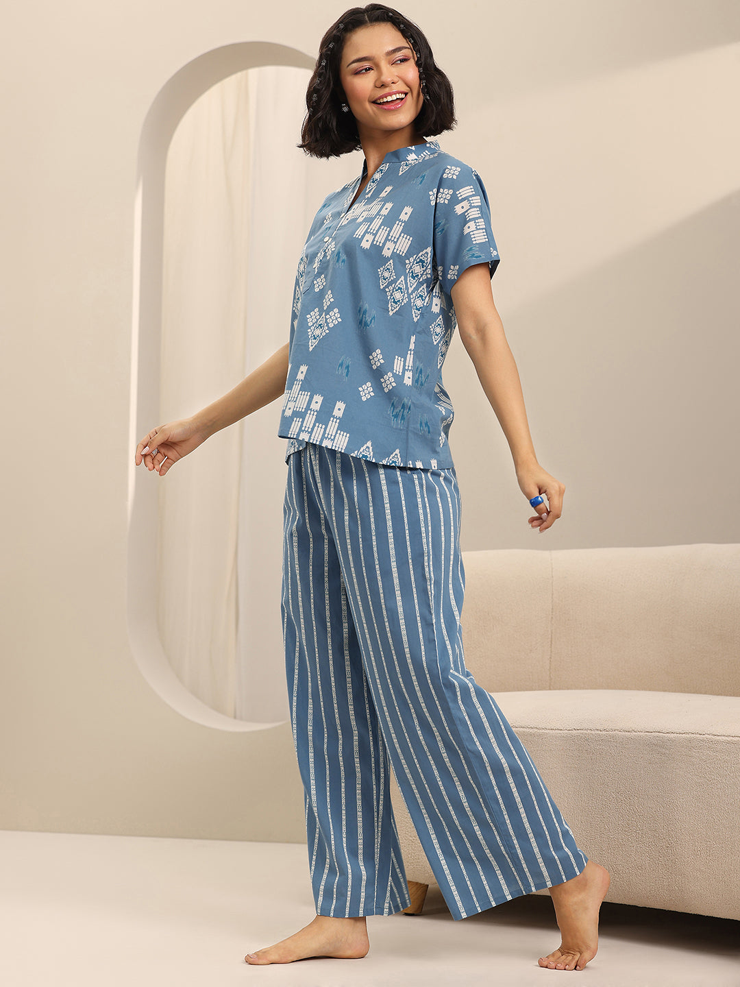 Anouk Blue Printed Cotton Night Suits