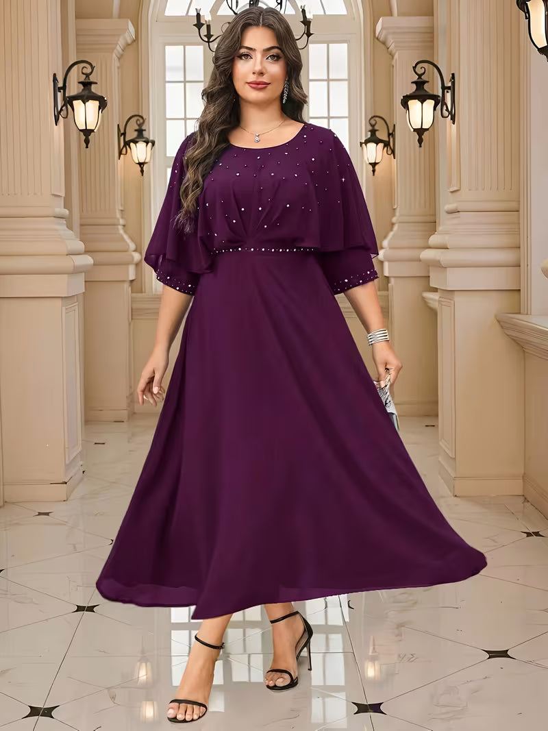 Plus Size Women’s Elegant Rhinestone Collar Dress